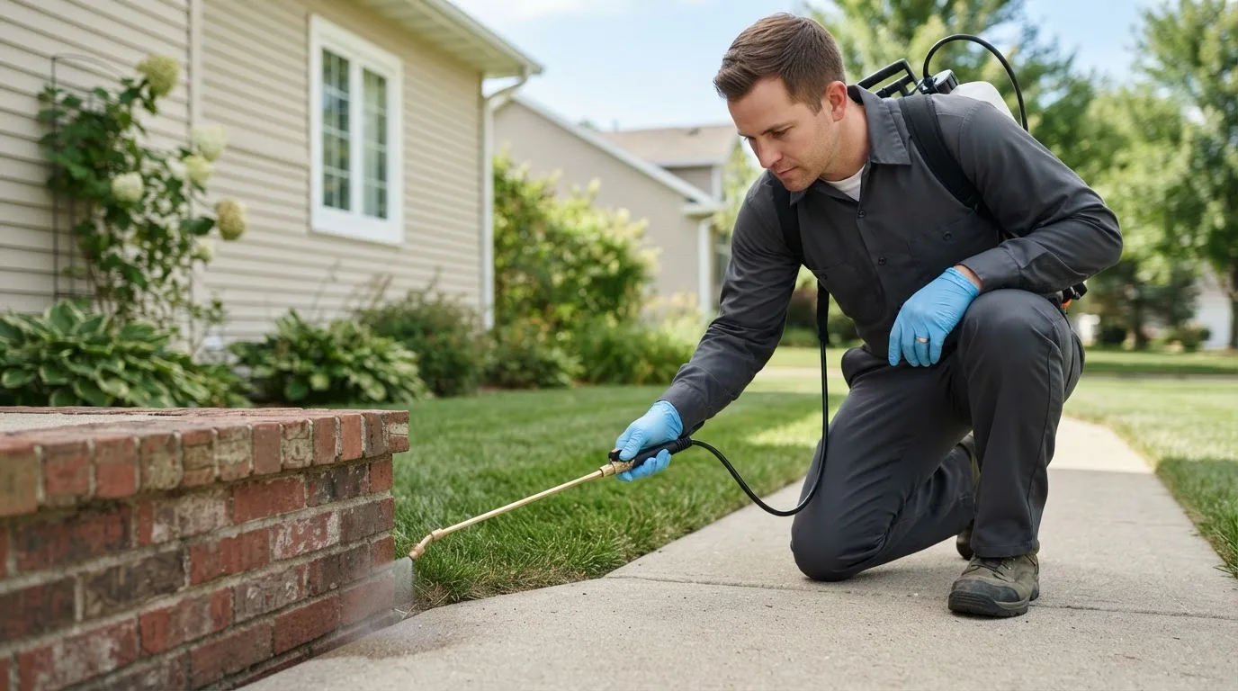 Pest control technician treating a home near Wheeler, MI