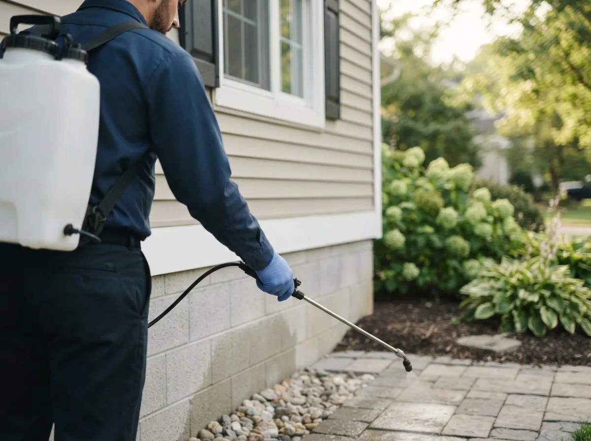 Pest control technician inspecting a home in Wheeler, MI